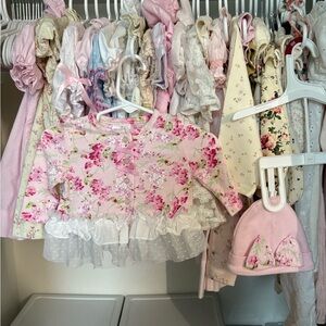 Laura Ashley floral lace bow cardigan top with matching beanie 0-3 months